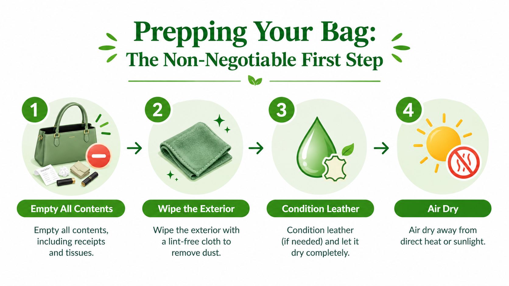 A four-step infographic illustrating how to prepare and clean a leather designer handbag before storage.