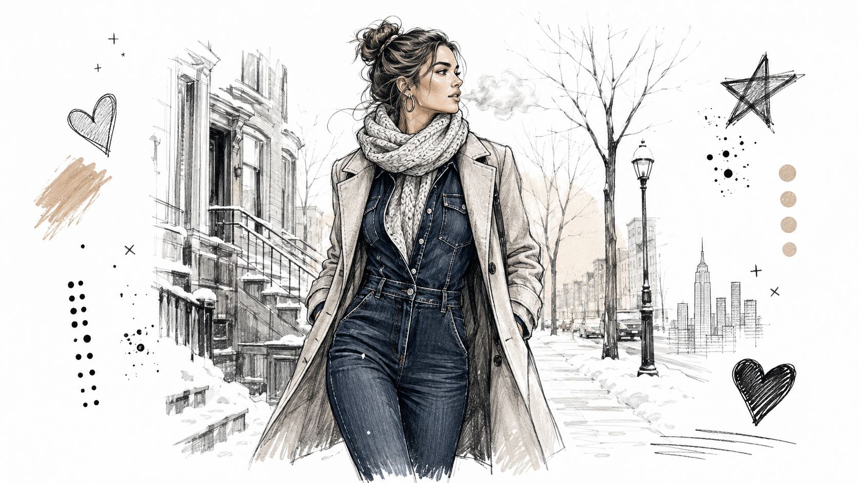 A fashion illustration of a woman wearing a denim jumpsuit and a warm coat in winter.