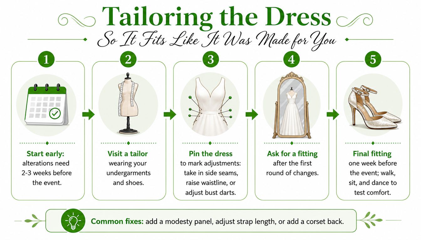 A five-step guide infographic for tailoring a wedding dress to ensure a perfect fit before the event.