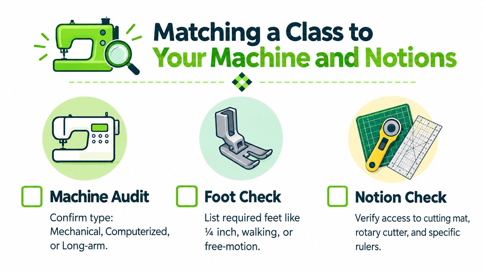 An infographic checklist for matching sewing machines, presser feet, and notions to specific quilting classes.