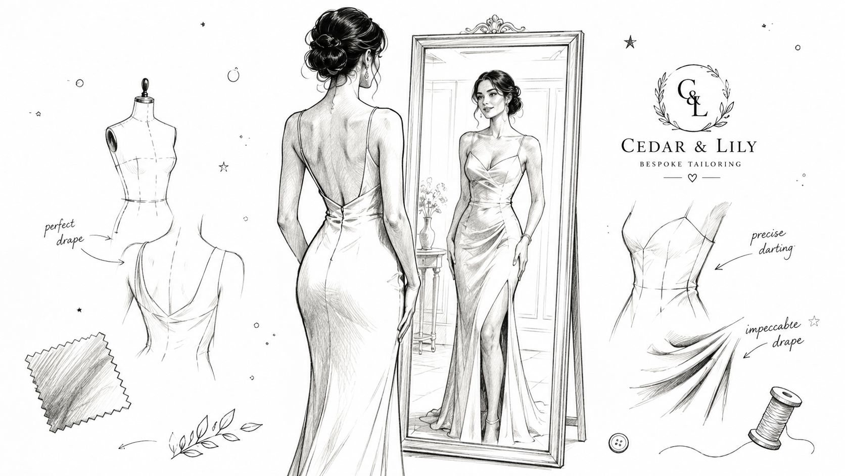 A detailed fashion illustration showing a woman trying on a bespoke evening gown in a mirror.