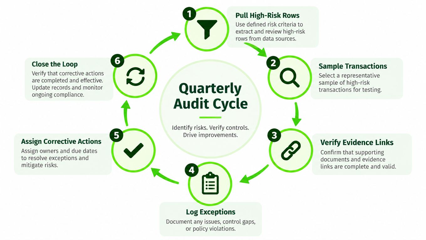 A circular infographic illustrating the six steps of a quarterly audit cycle for business risk management.