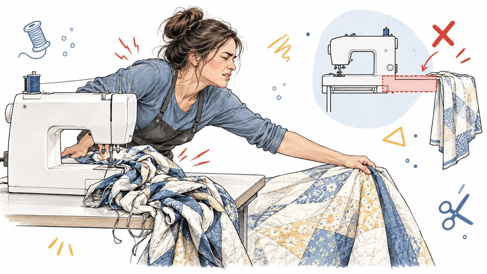 A woman struggling with a heavy quilt while sewing, highlighting the need for a sewing table extension.