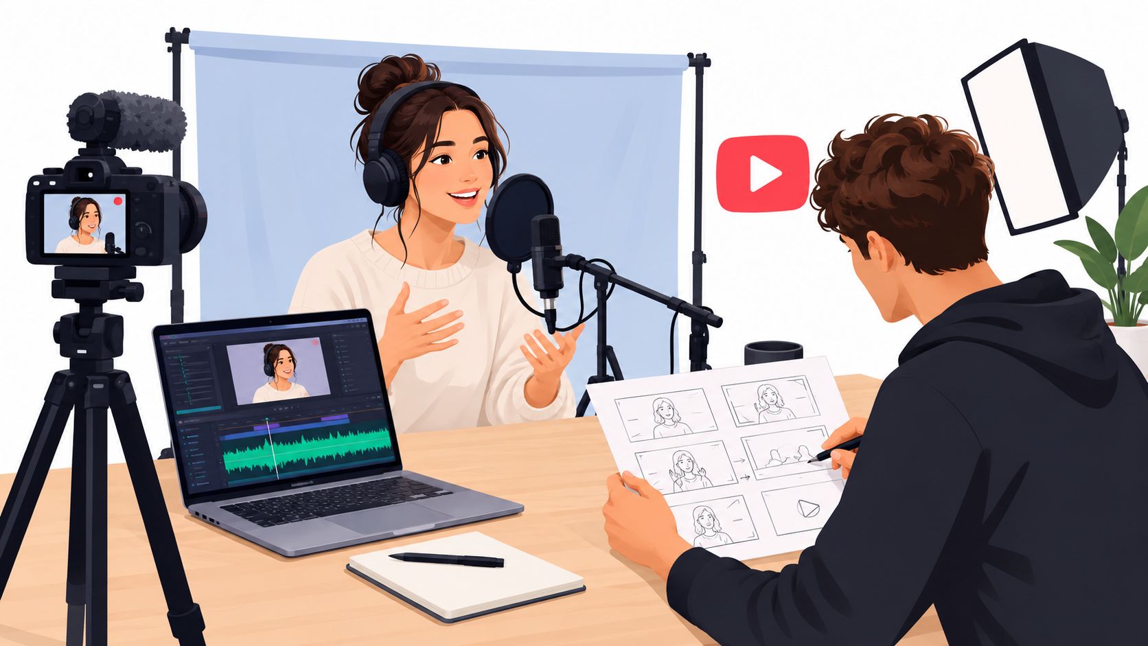 A woman speaking into a microphone while a man sketches a storyboard in a creative studio.