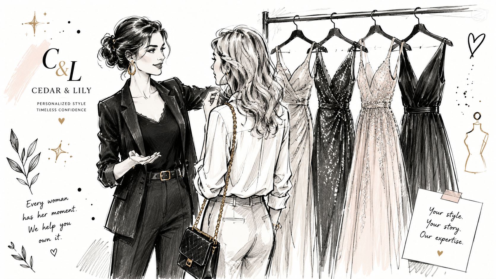 A stylish fashion illustration showing two women in a boutique with evening gowns hanging on a rack.