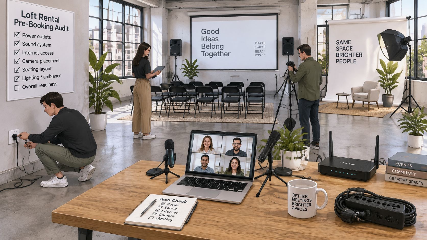A team conducts a tech check and audit of a modern loft space for event rentals.