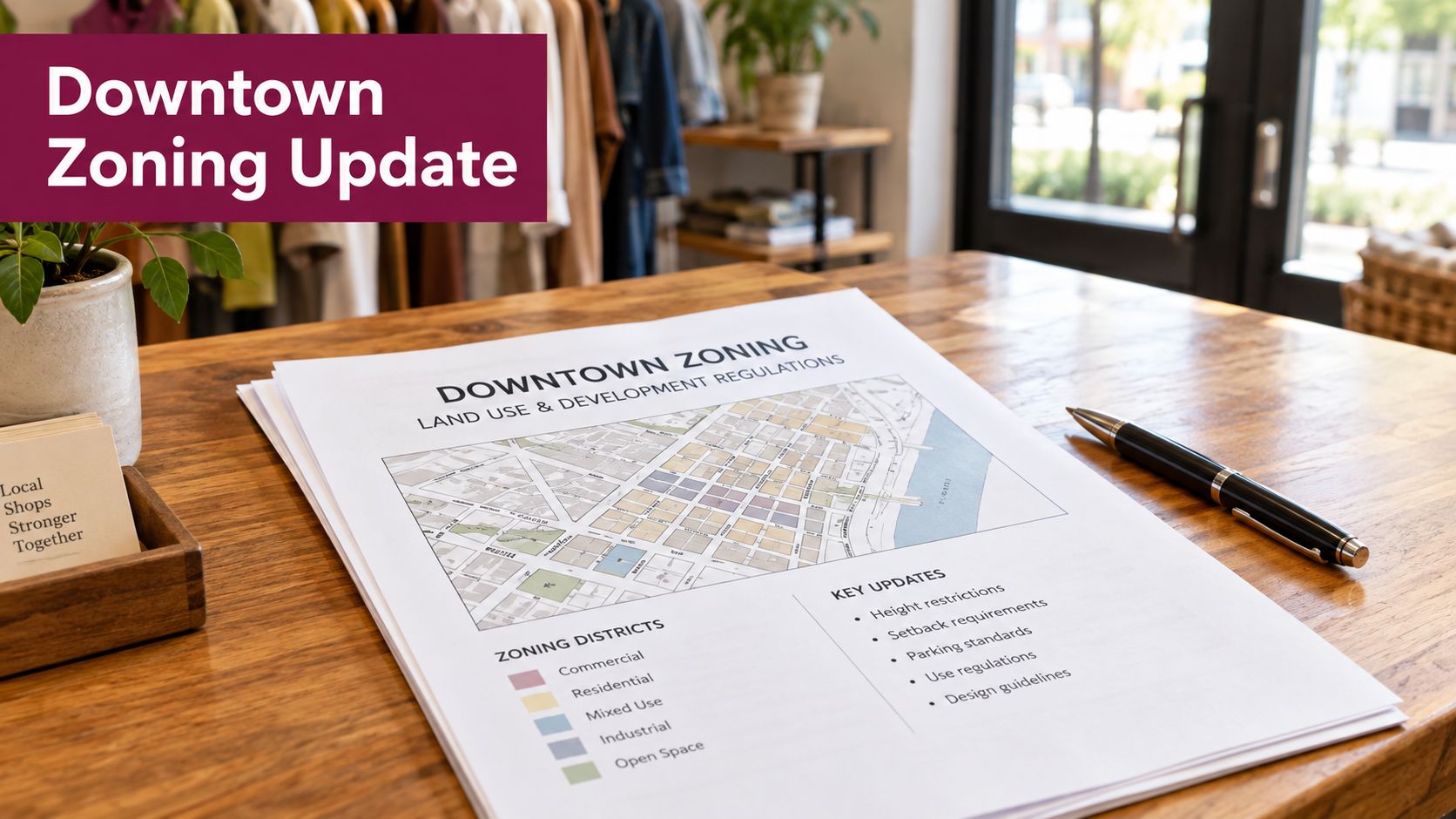 A document titled Downtown Zoning on a wooden table, next to a pen and a small plant.