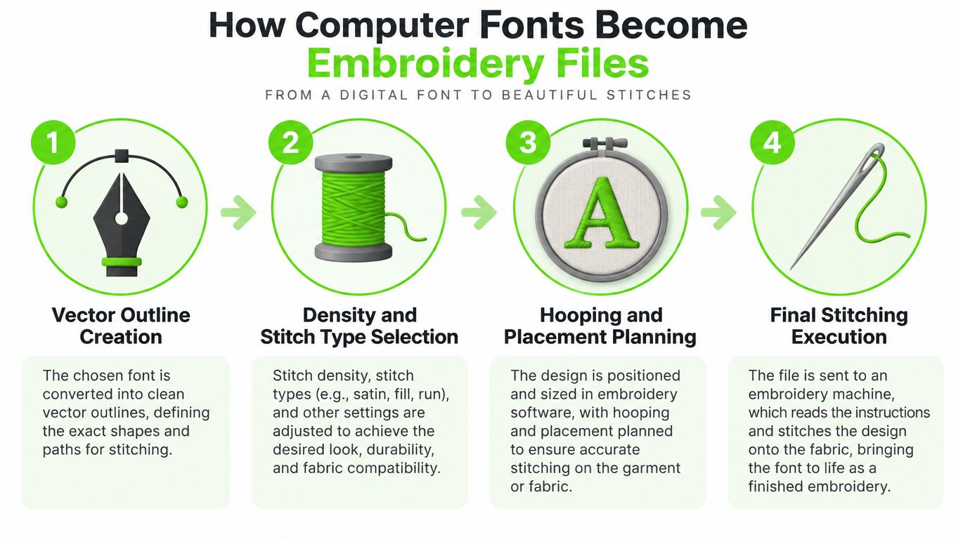 A four-step infographic illustrating how digital fonts are converted into embroidery machine files for sewing.