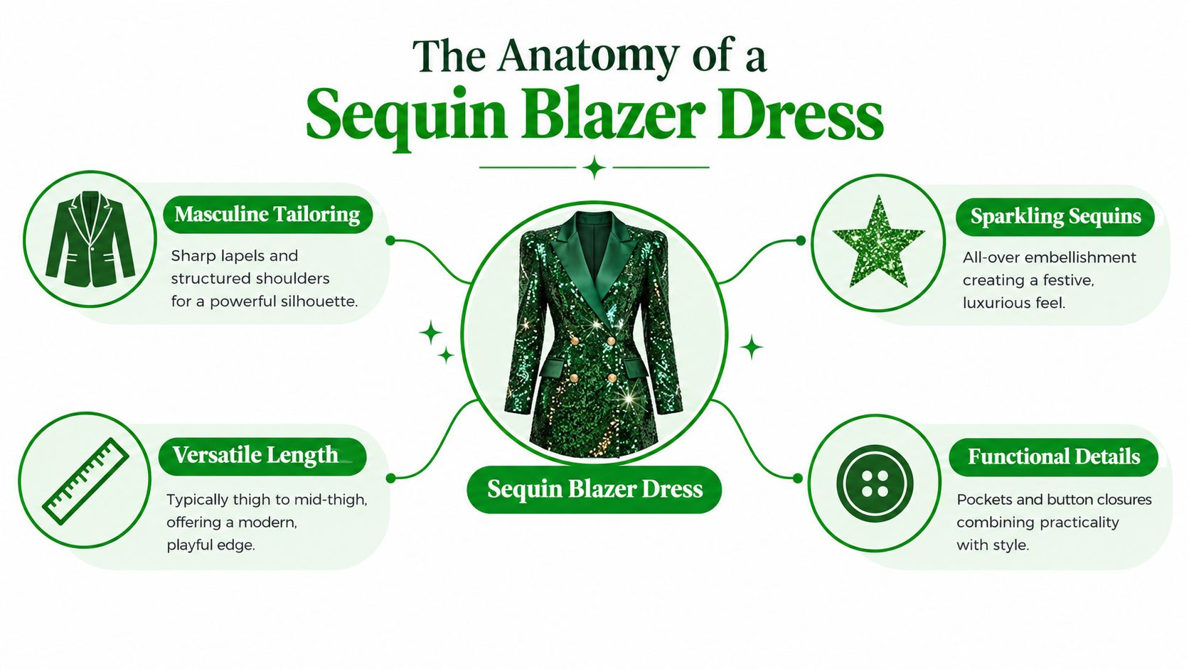 An infographic diagram labeled The Anatomy of a Sequin Blazer Dress highlighting its key fashion features.