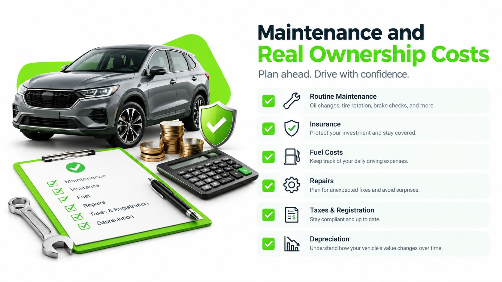 An infographic showing a car, calculator, and clipboard listing major vehicle ownership costs and maintenance factors.