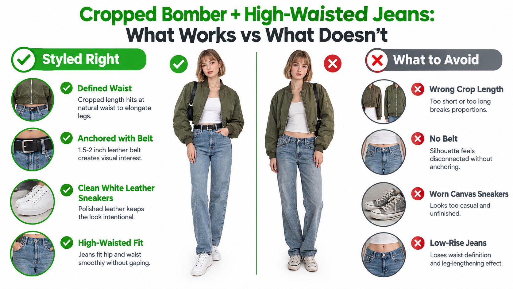 A comparison guide showing how to style a cropped bomber jacket with high-waisted jeans for a flattering look.