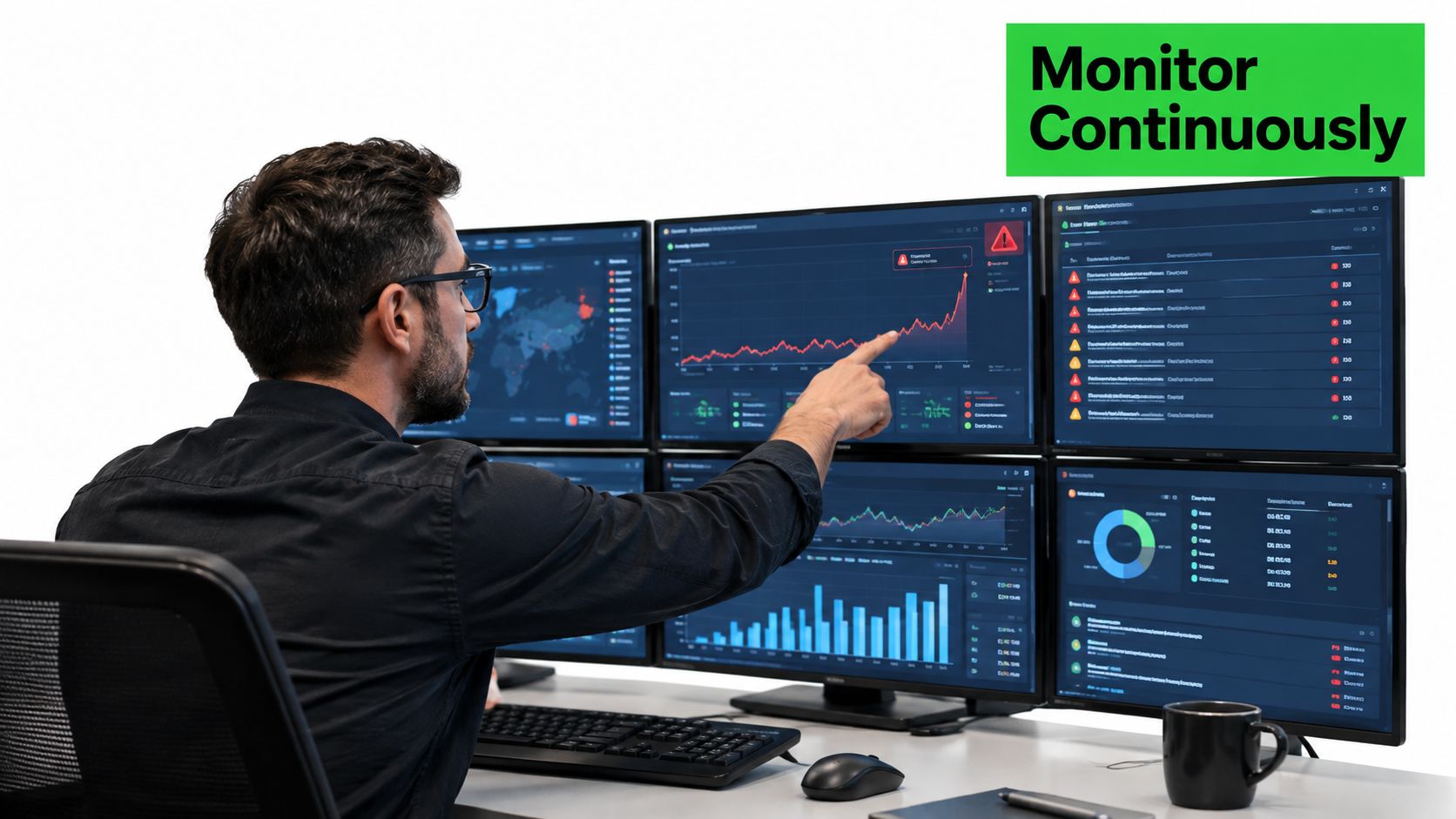 A professional man monitoring complex data and risk analytics on multiple computer screens in an office setting.