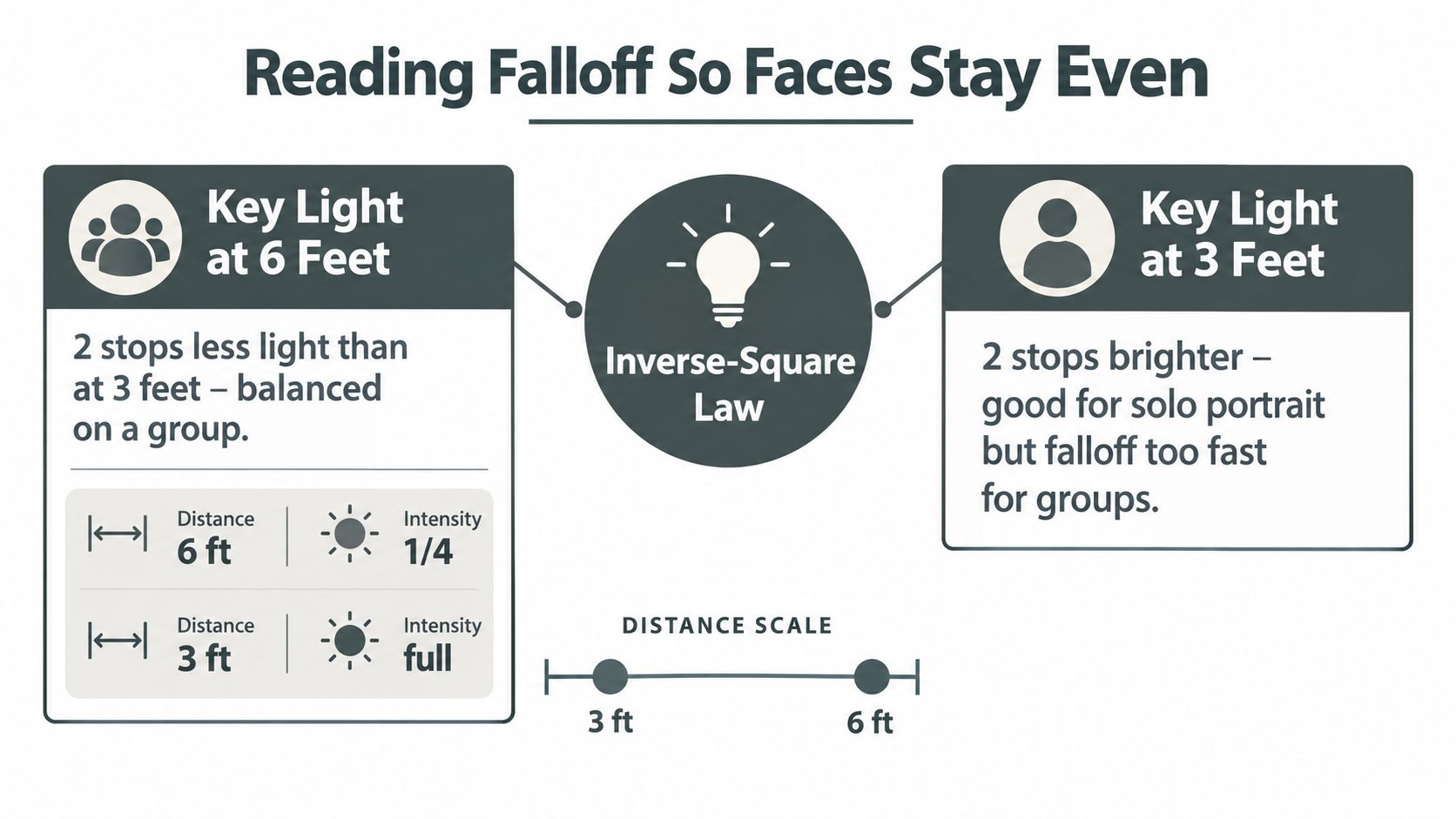 An infographic illustrating the inverse-square law for photography lighting, comparing light intensity at three and six feet.