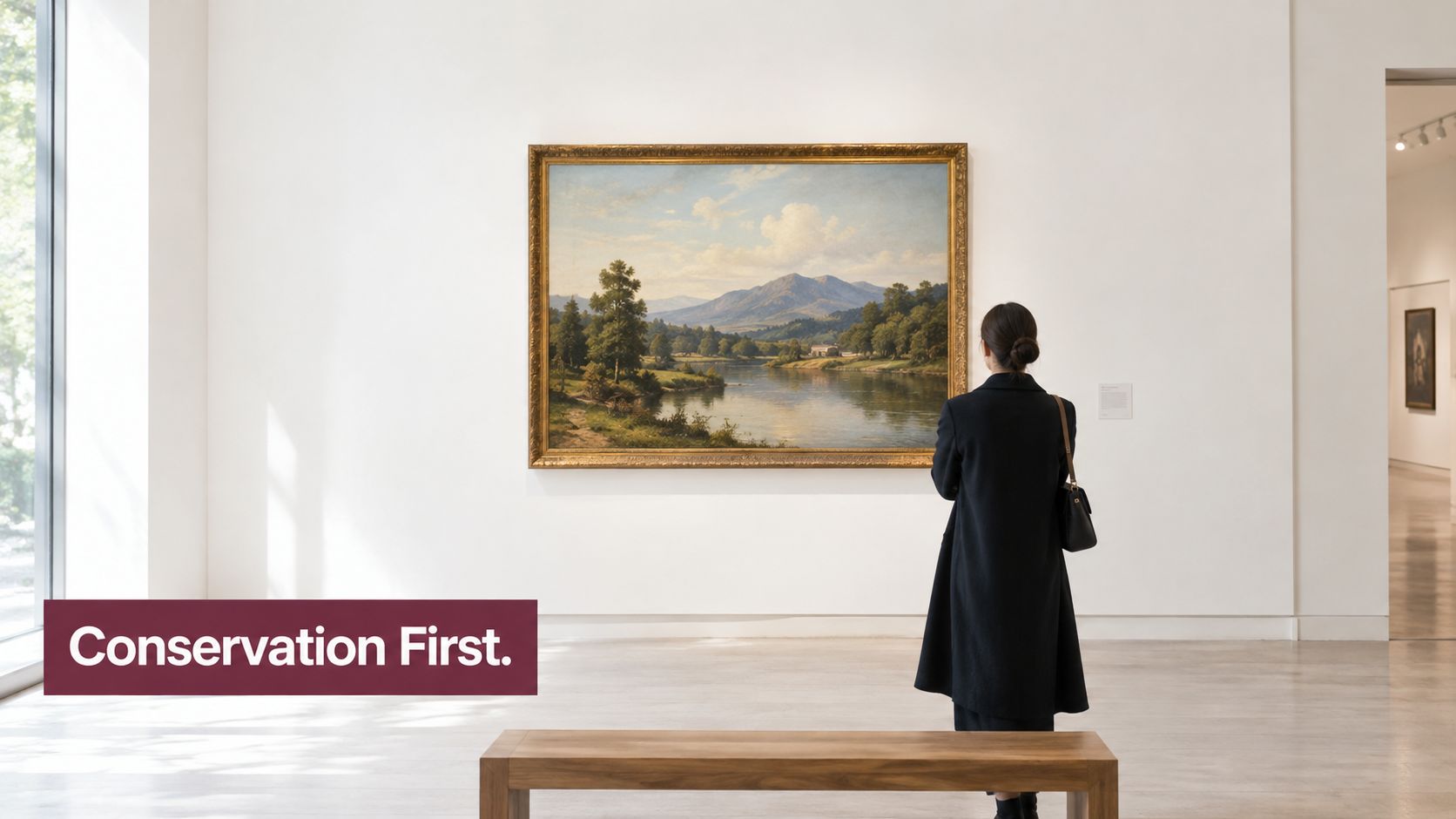 A woman in a black coat stands looking at a large landscape painting inside an art gallery.