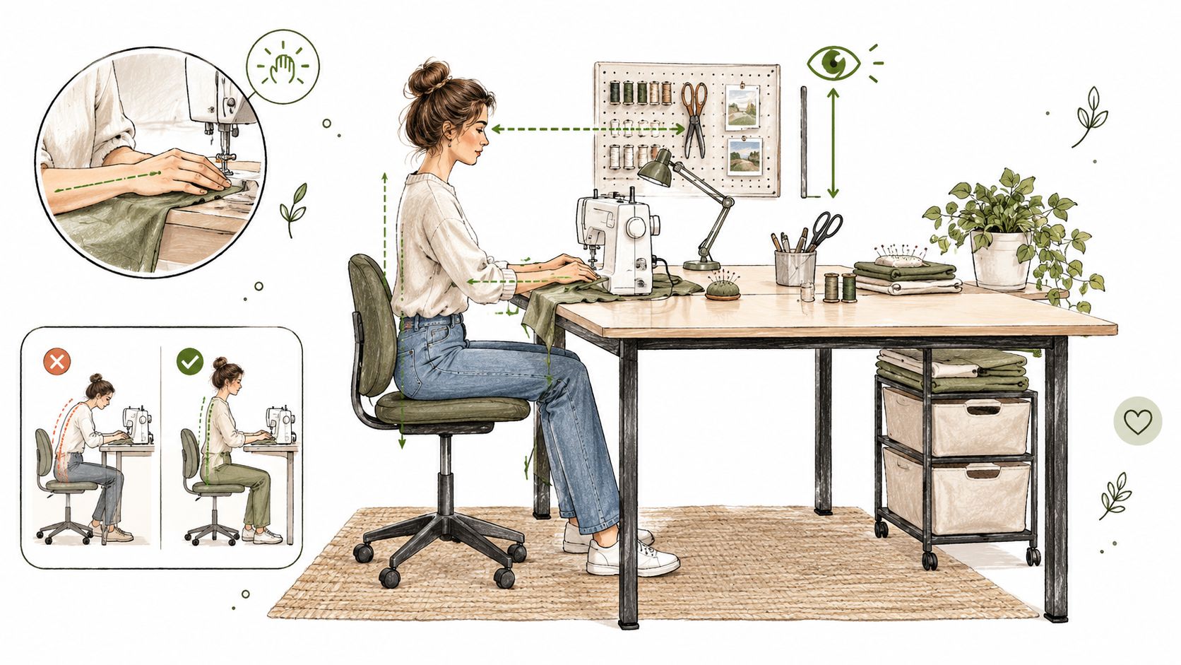A woman demonstrating the correct ergonomic posture while sitting at a sewing machine workstation to avoid strain.