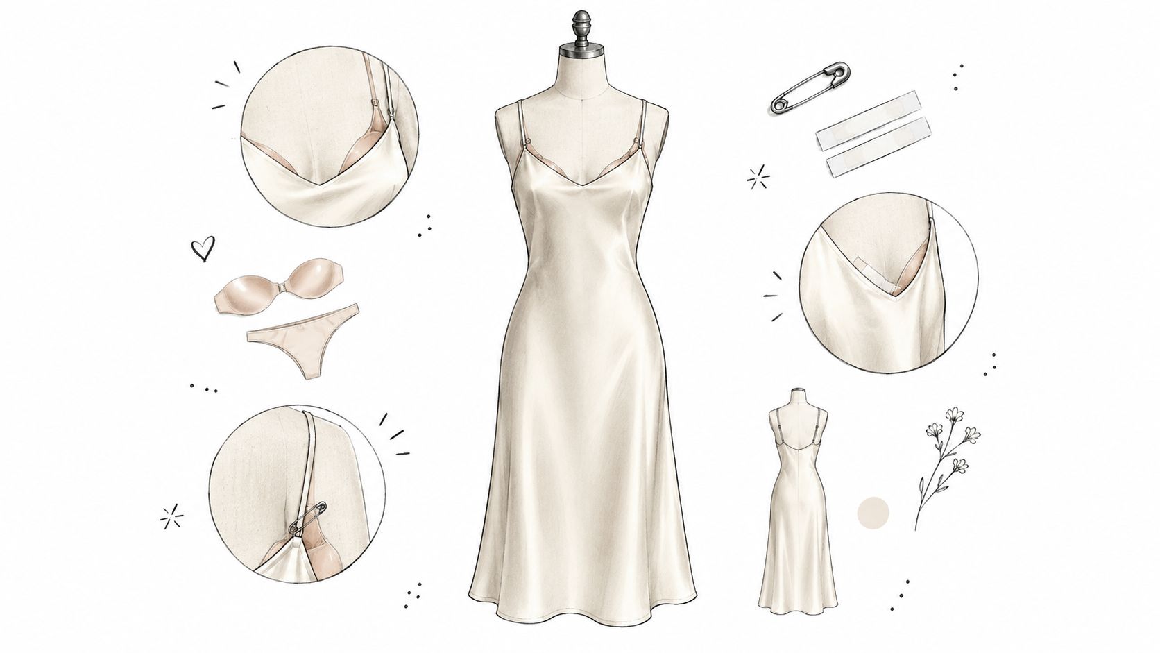 Fashion illustration showing how to wear a slip dress with accessories, safety pins, and lingerie tips.