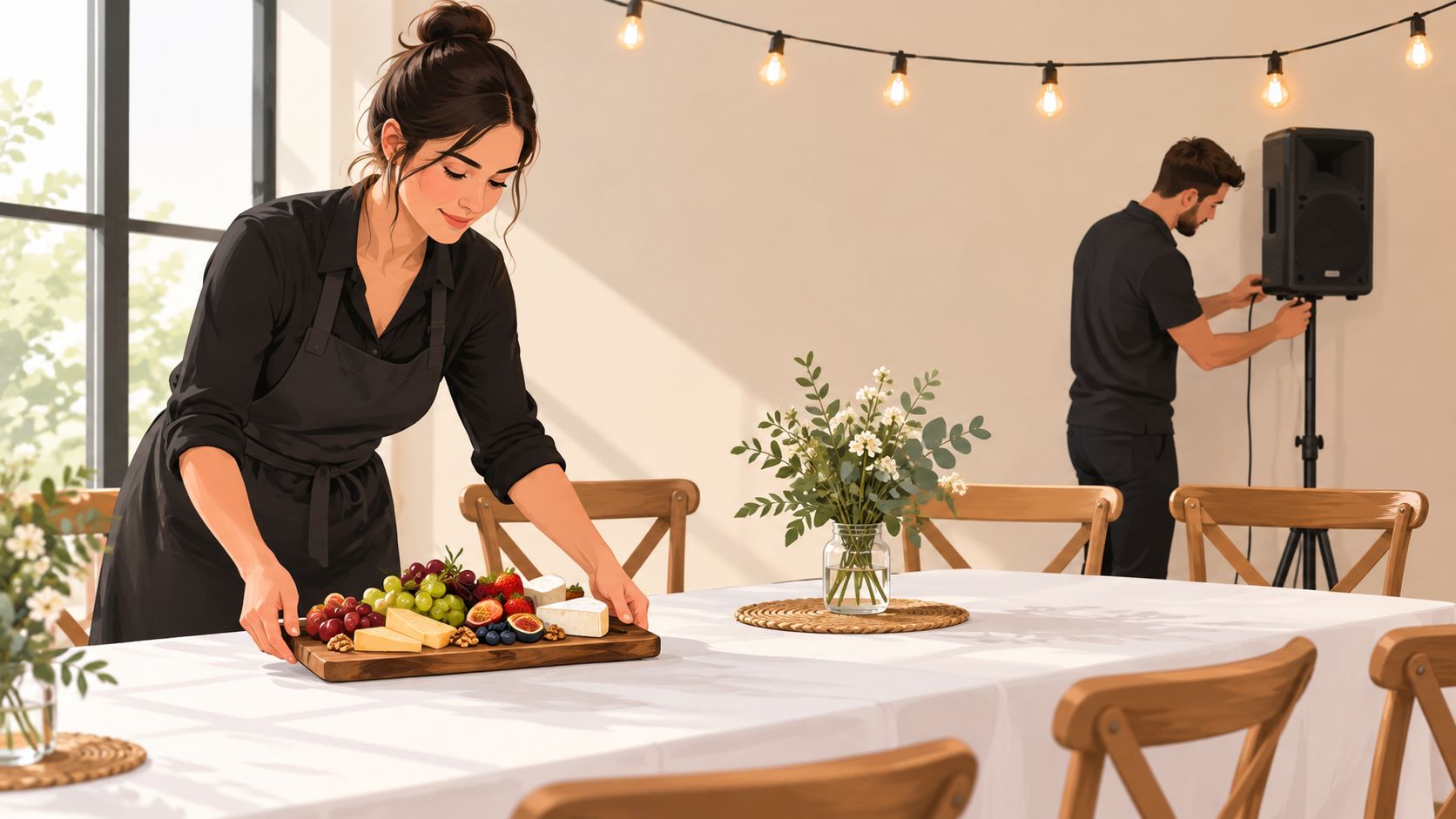 A woman in a black apron sets a wooden cheese and fruit platter on a dining table.