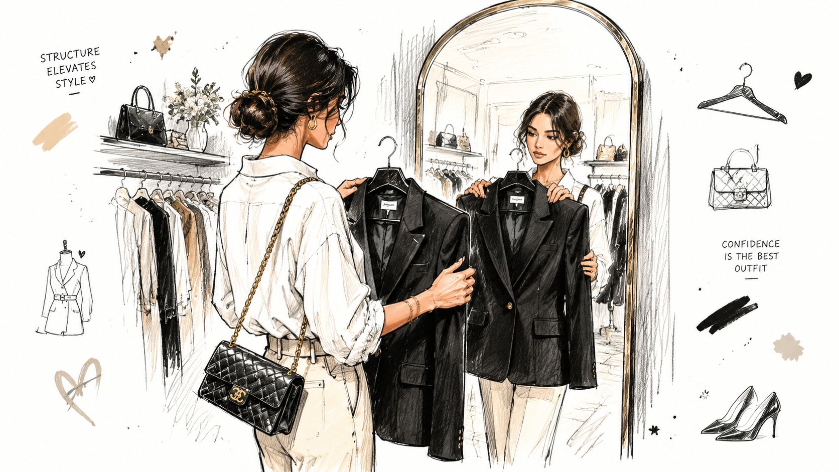 A fashion illustration of a woman looking at a stylish black padded shoulder blazer in a mirror.