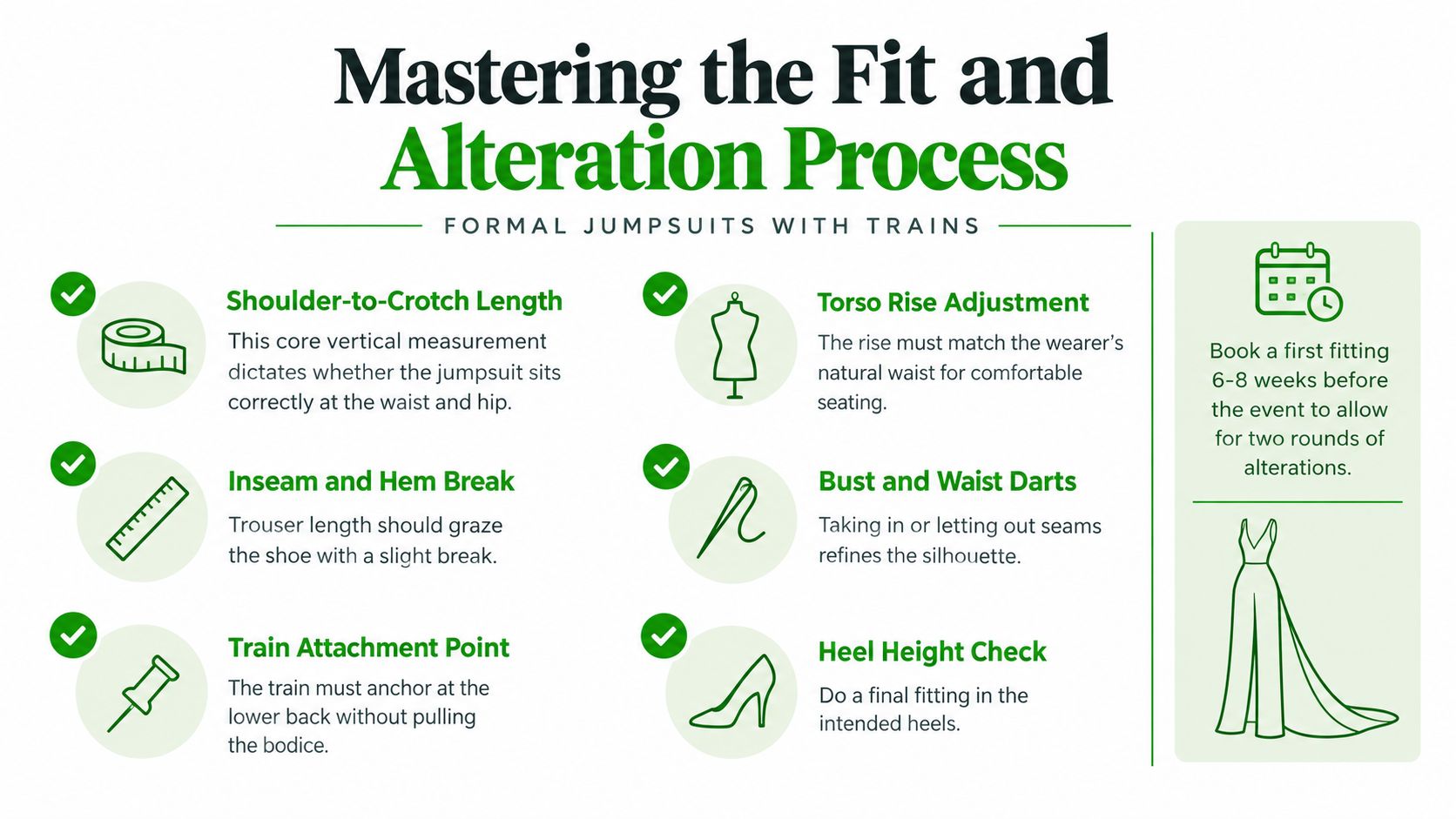 An infographic detailing the necessary alteration process for achieving a perfect fit for formal jumpsuits with trains.