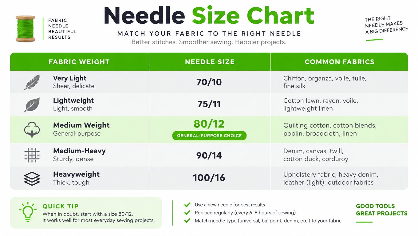 A helpful sewing machine needle size chart matching fabric weights to the correct needle size and type.