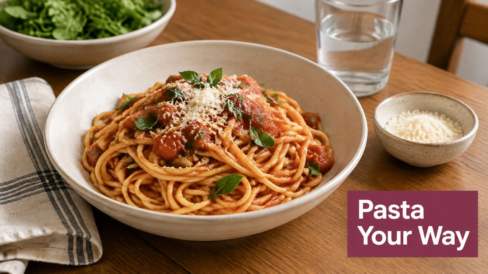 A delicious bowl of spaghetti with tomato sauce and herbs, served with parmesan cheese and salad.