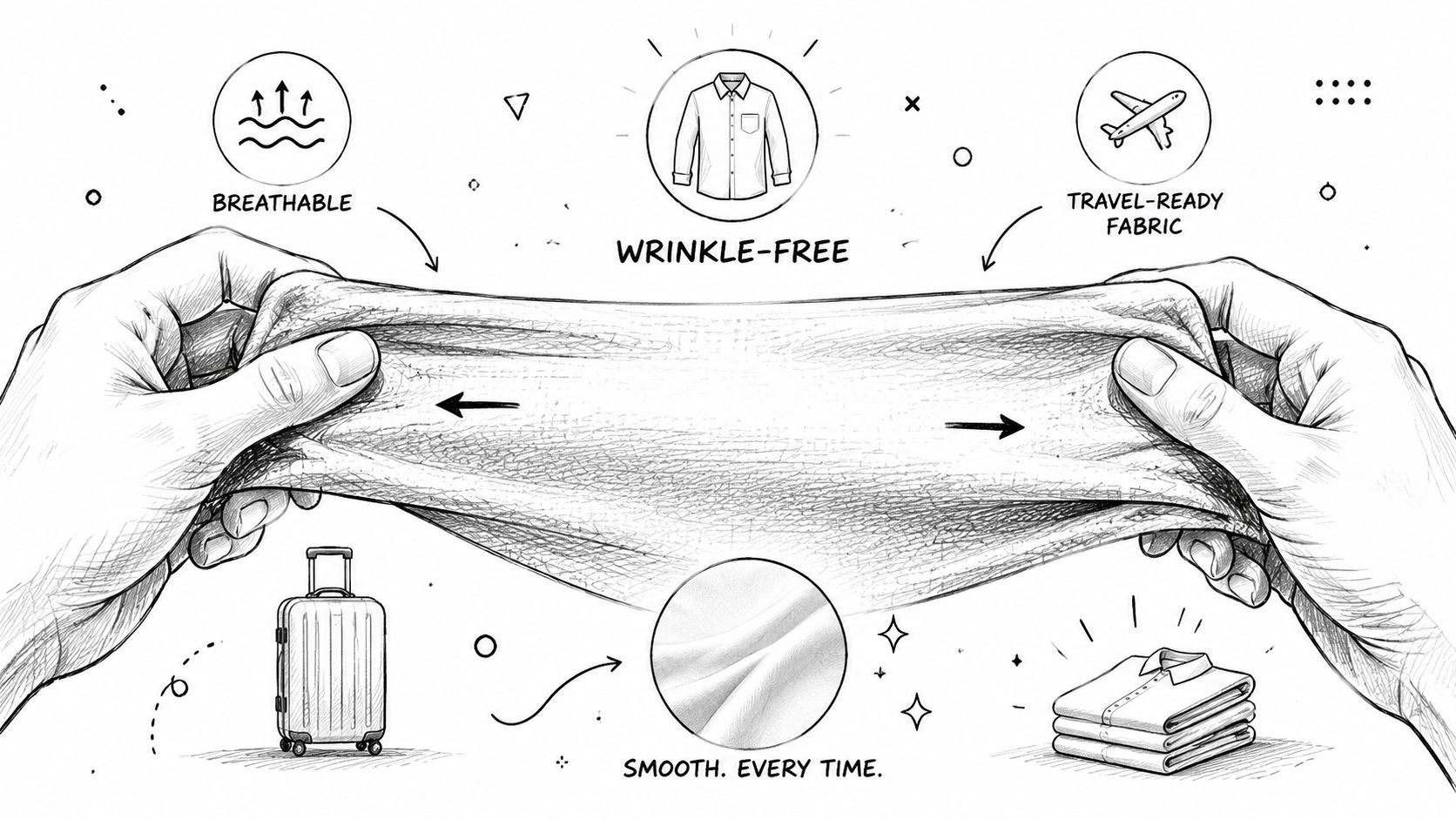 A pencil sketch illustration depicting hands stretching flexible, wrinkle-free fabric with travel-ready and breathable features.