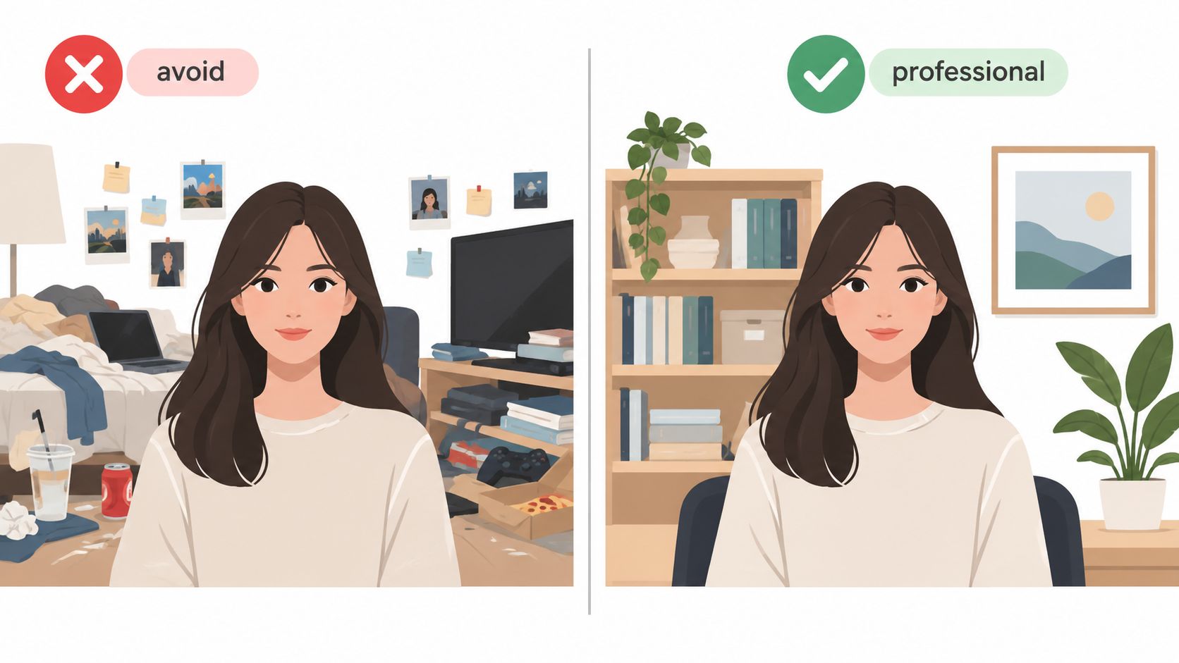 A split image comparing a messy bedroom background versus a tidy, professional home office for video conferencing.