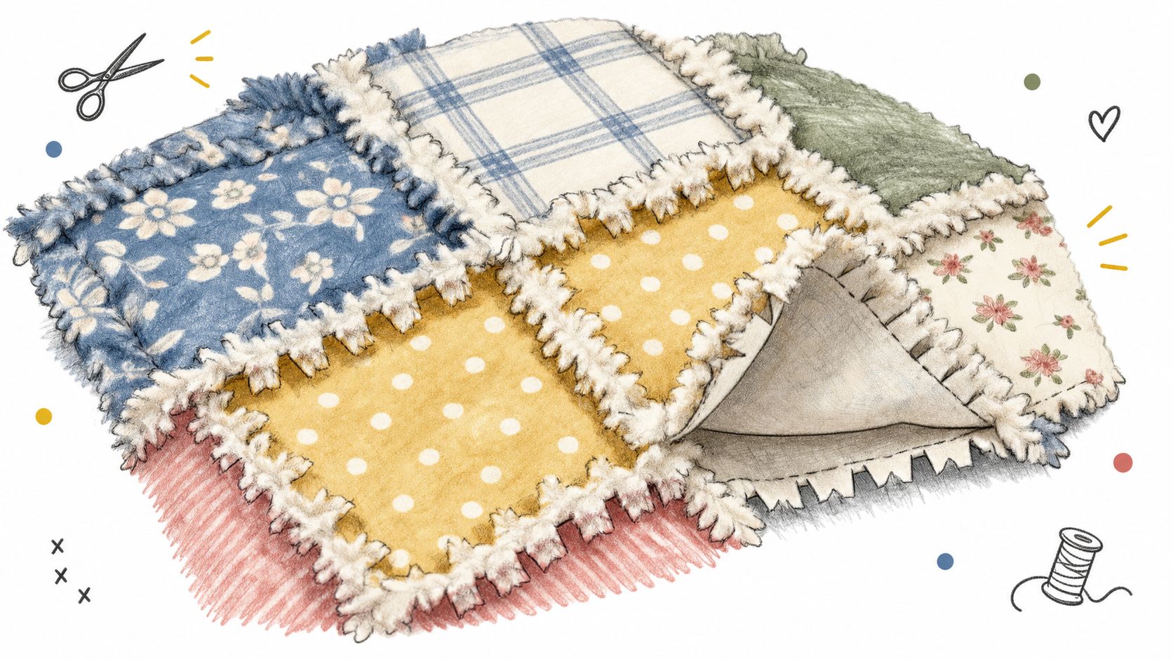 A digital illustration of a colorful rag quilt with various fabric patches and frayed edges on display.