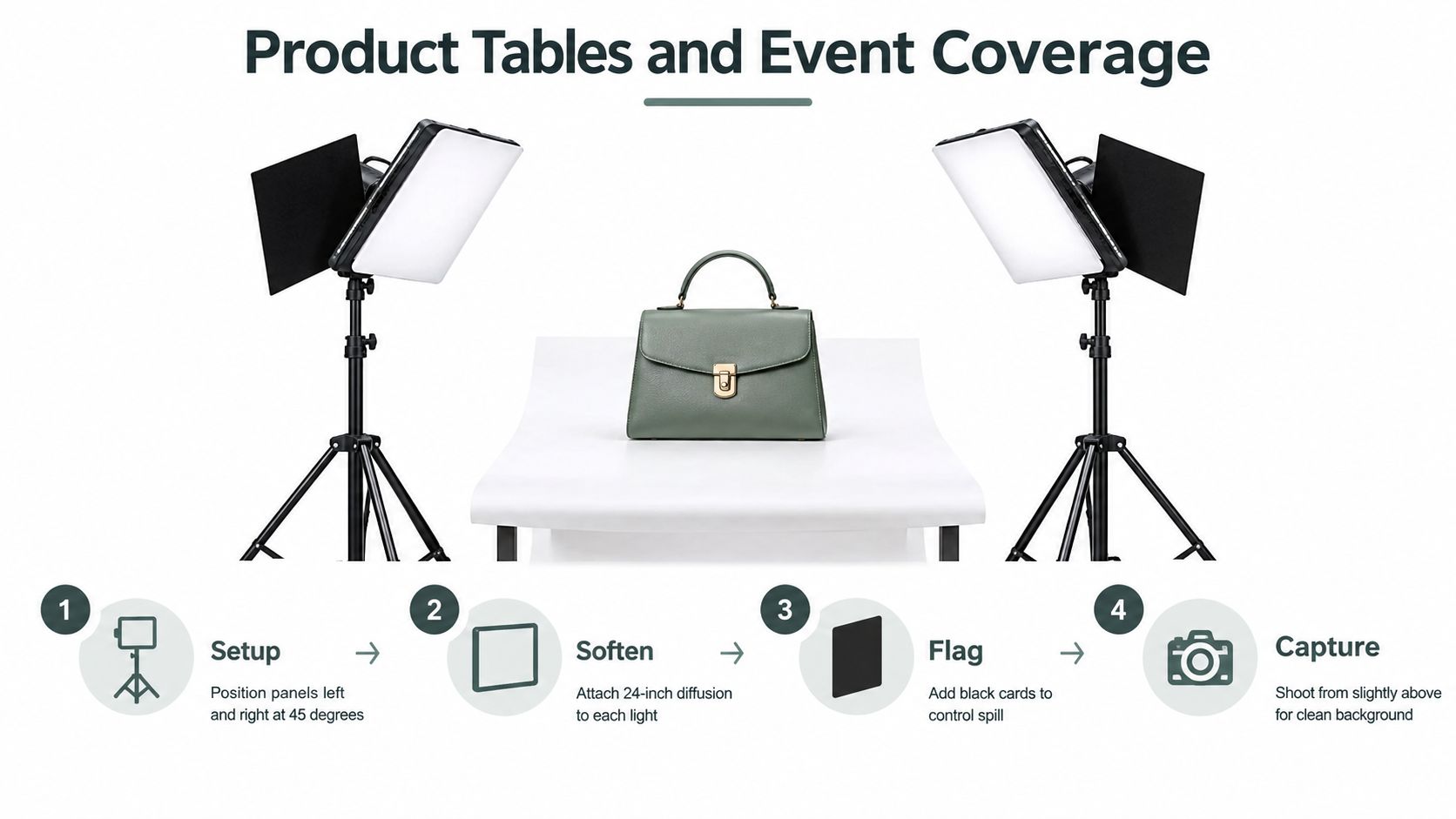 A diagram illustrating a professional photography lighting setup for product shots with lights, a handbag, and instructions.