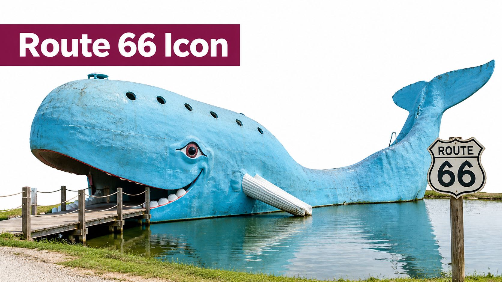 The iconic Blue Whale of Catoosa sculpture sitting in a pond along historic Route 66.