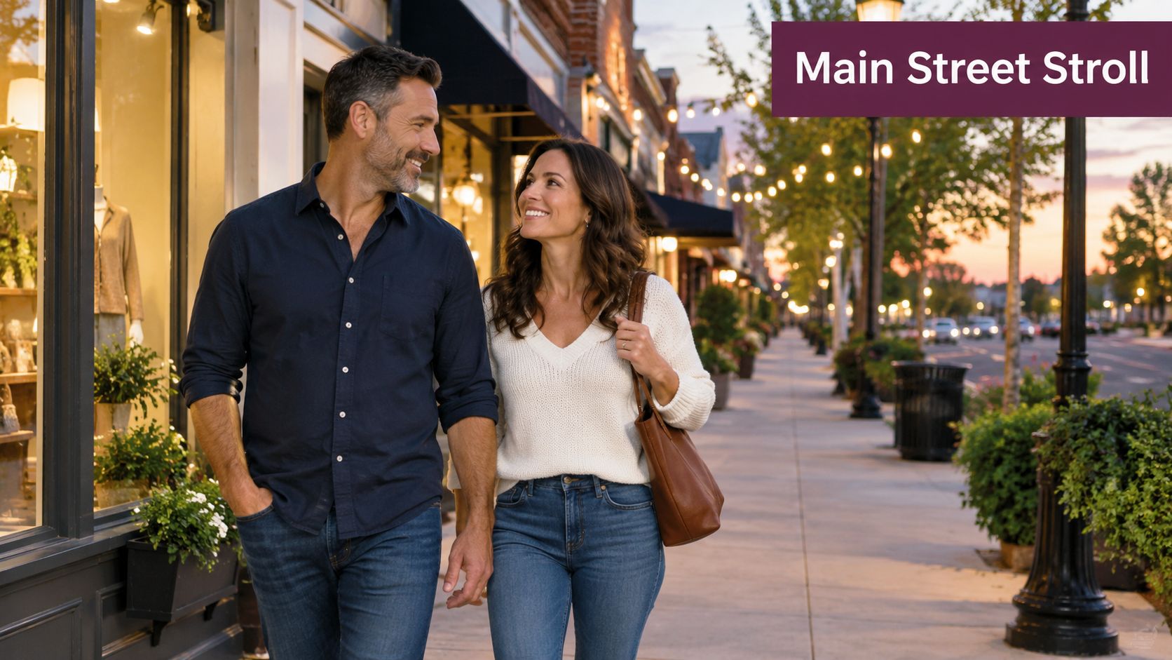 A smiling couple walking together along a charming, well-lit main street at sunset during an evening stroll.