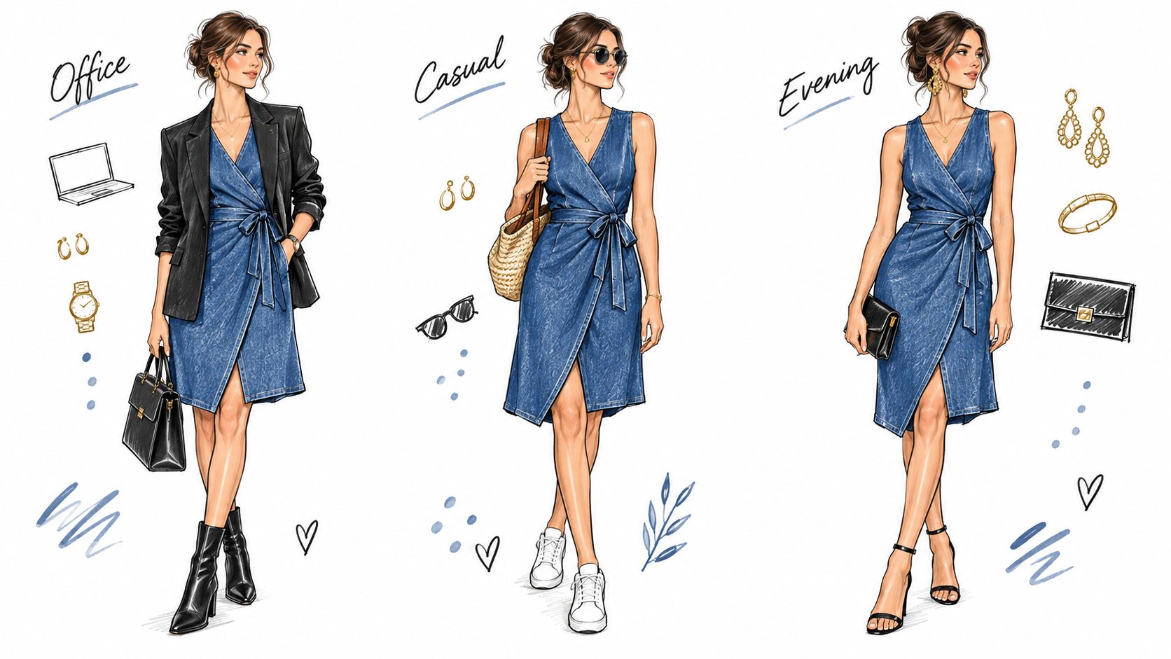 Three illustrations showing the same denim wrap dress styled for office, casual, and evening settings.