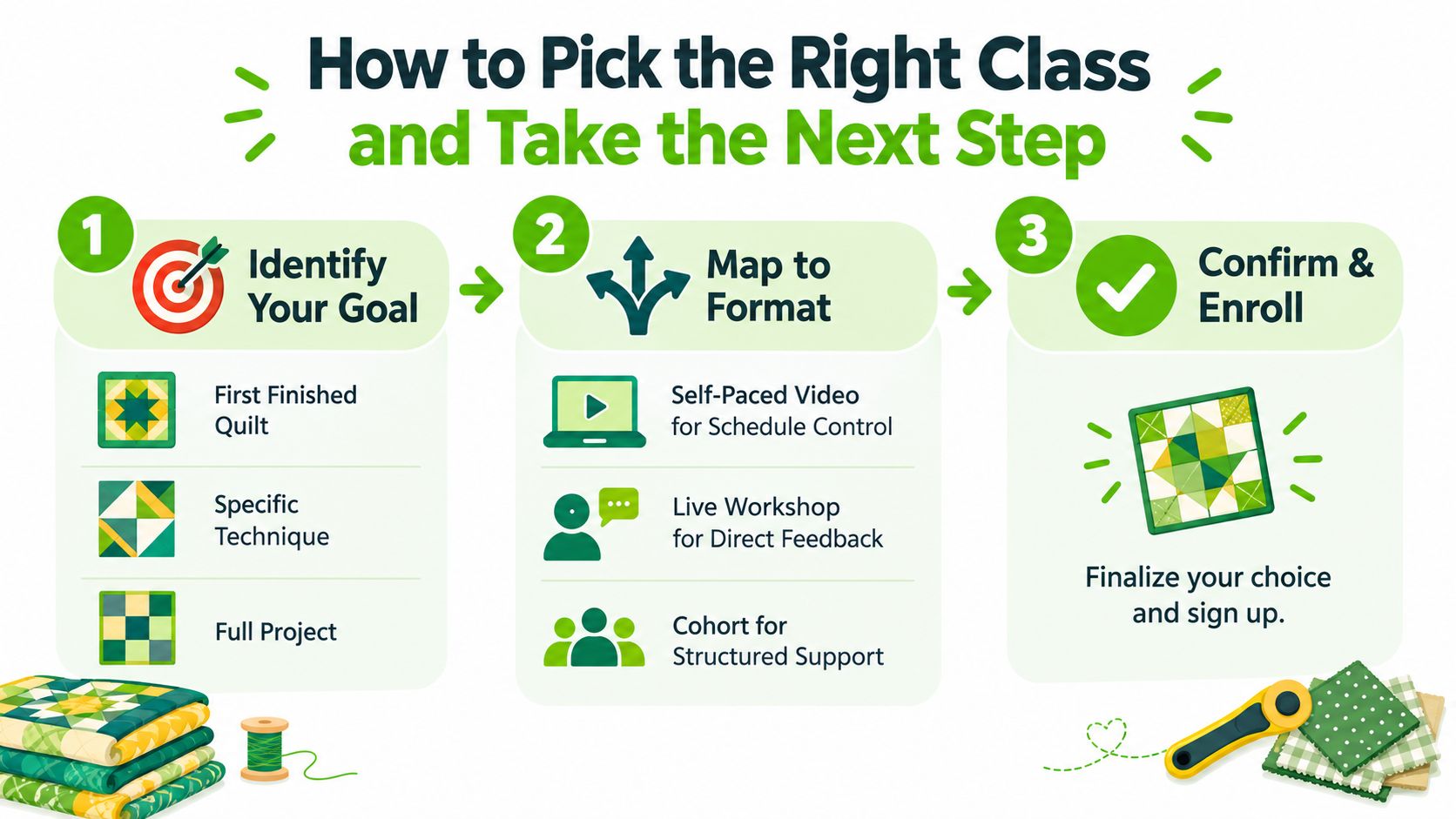 A three-step infographic on how to choose a quilting class, showing goal identification, format mapping, and enrollment.