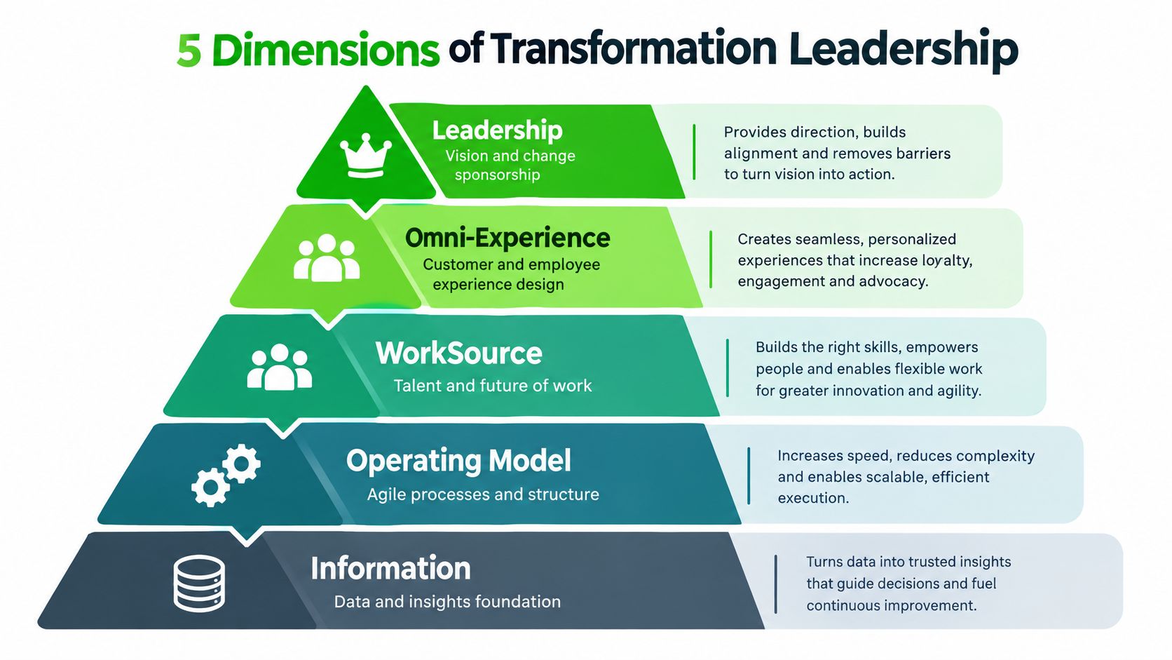 A pyramid diagram showing the five key dimensions of transformation leadership for organizational change and success.