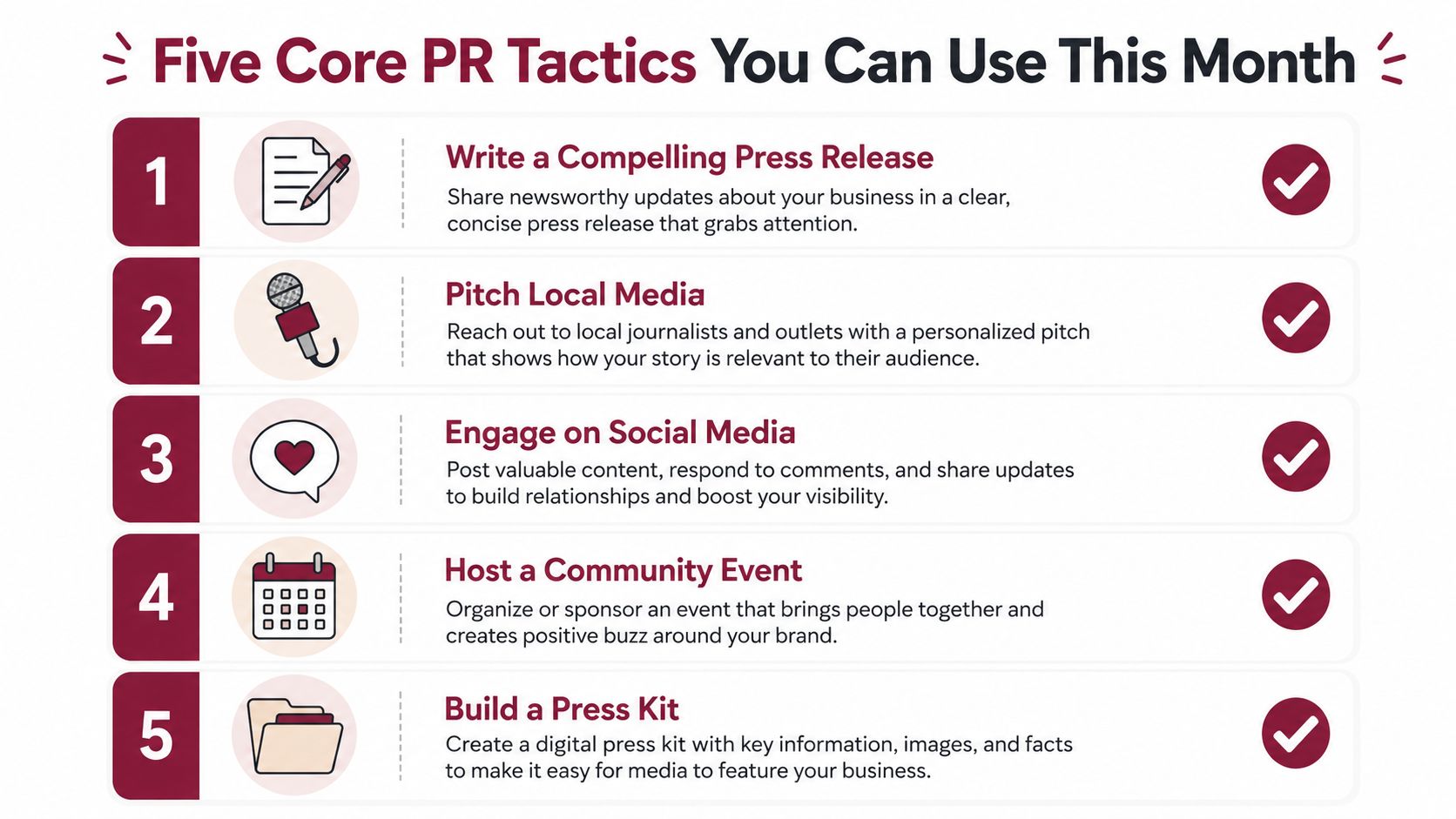 A list of five essential public relations tactics for businesses including press releases and community events.