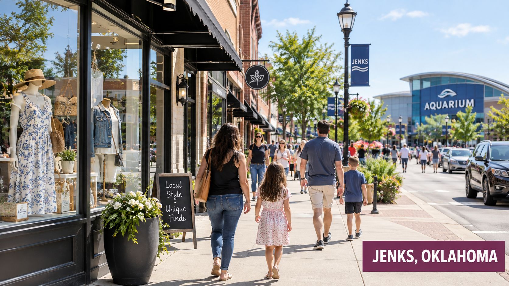 A family walks past a boutique store front on a sunny street in Jenks, Oklahoma near an aquarium.