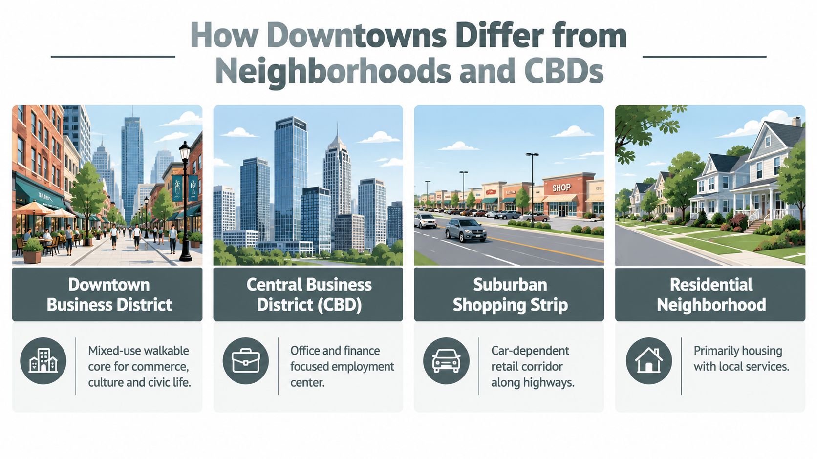 An infographic showing the visual and functional differences between downtown business districts, CBDs, shopping strips, and neighborhoods.