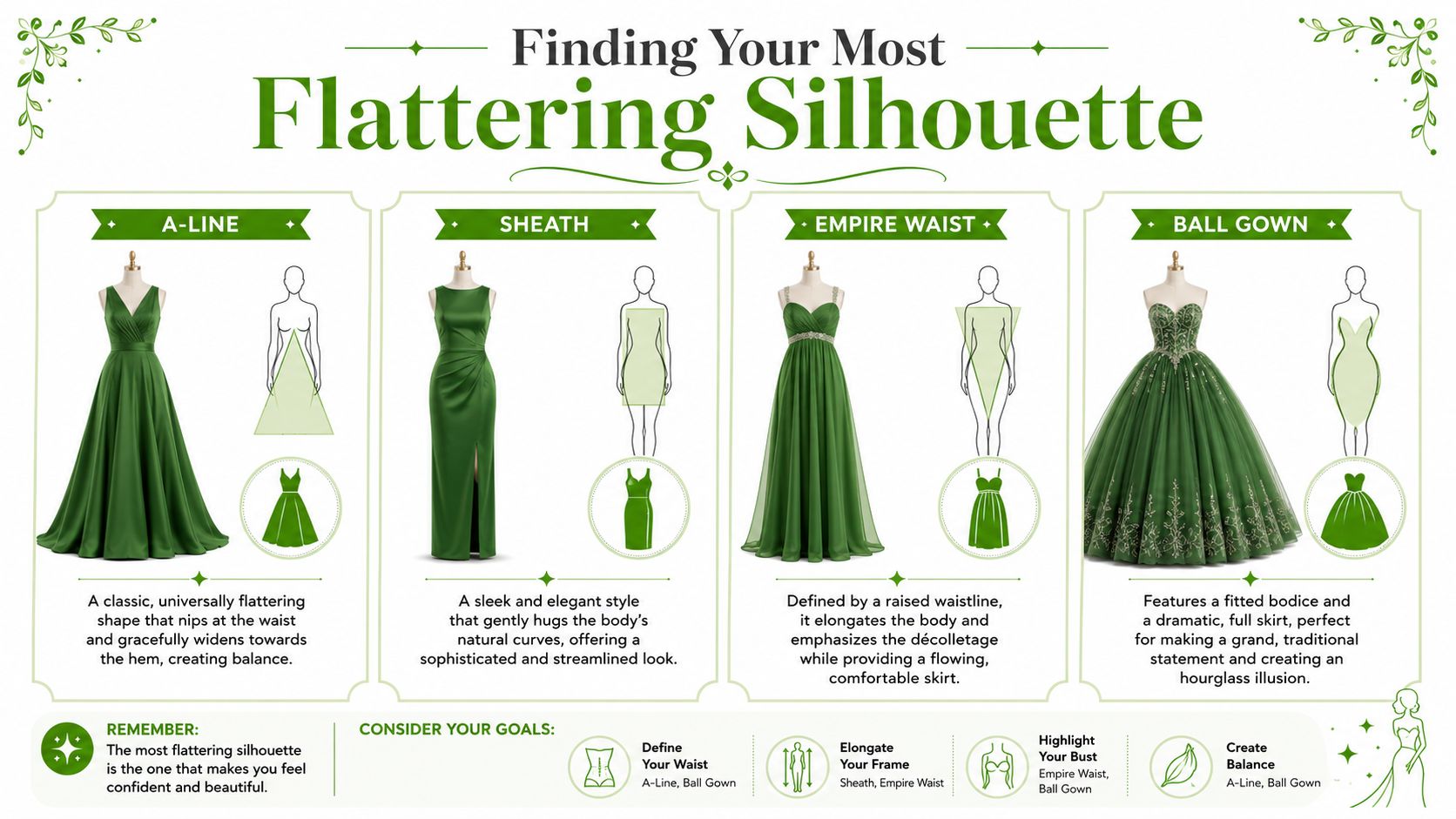 A guide showing four different dress silhouettes including A-line, sheath, empire waist, and ball gown styles.