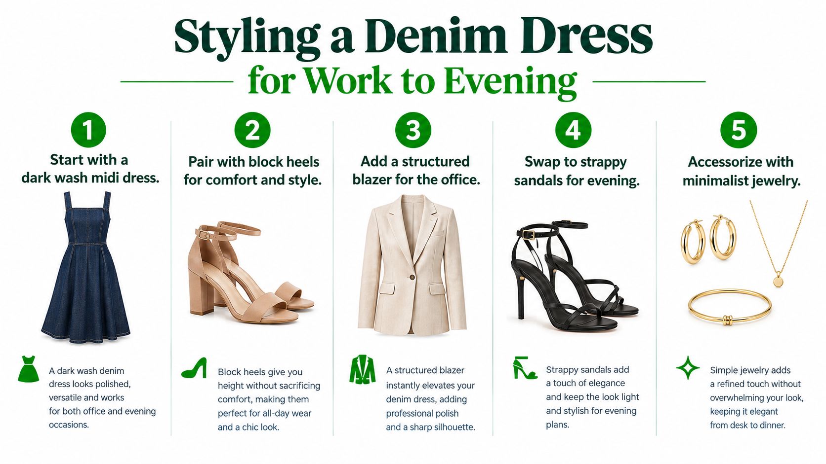 An infographic illustrating five steps for styling a dark wash denim dress for work to evening transition.