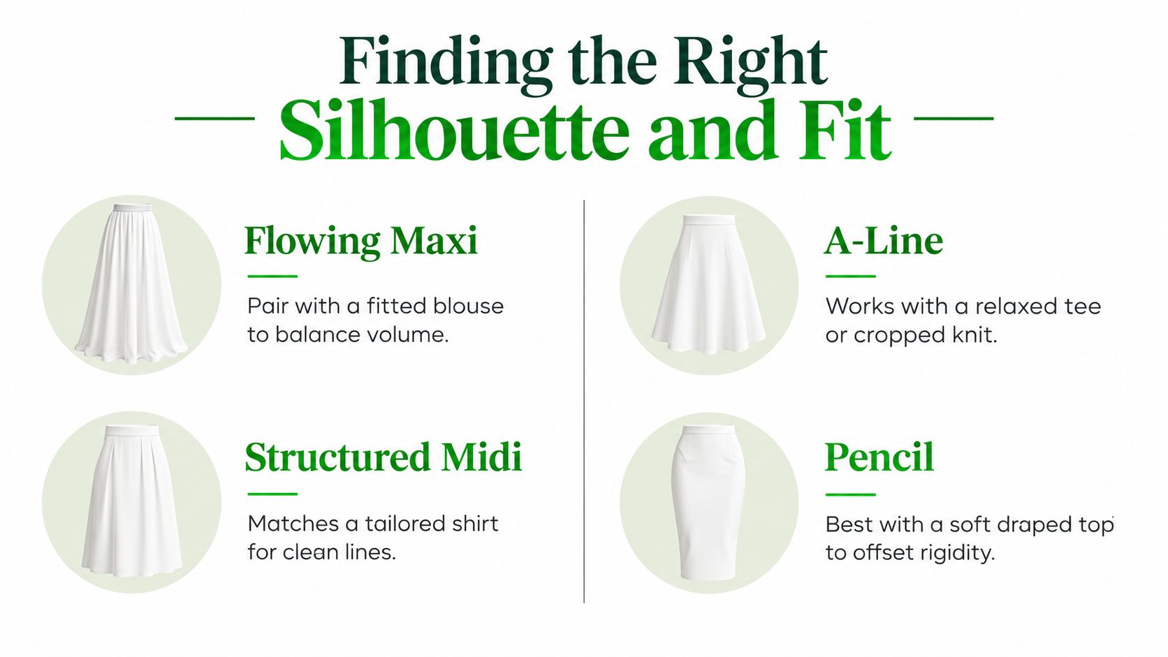 A fashion infographic displaying various white skirt styles and guidance on choosing the best tops for each.