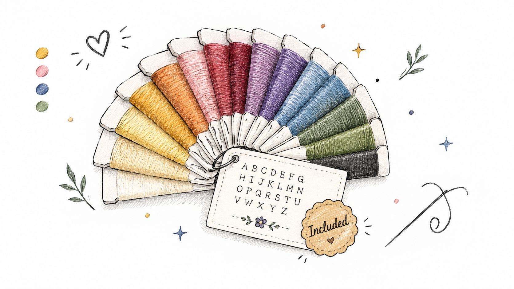 A fan-shaped set of colorful embroidery thread spools with an alphabet reference card attached.