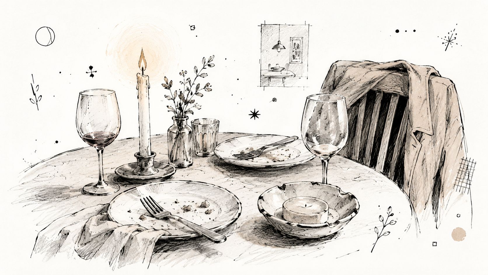 A sketched illustration of a romantic dinner table set with wine glasses, a candle, and plates.