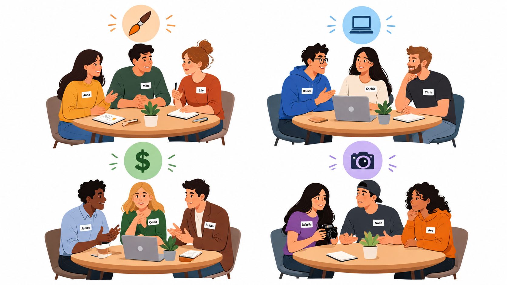 Four groups of diverse people working together at round tables during a collaborative workshop activity.