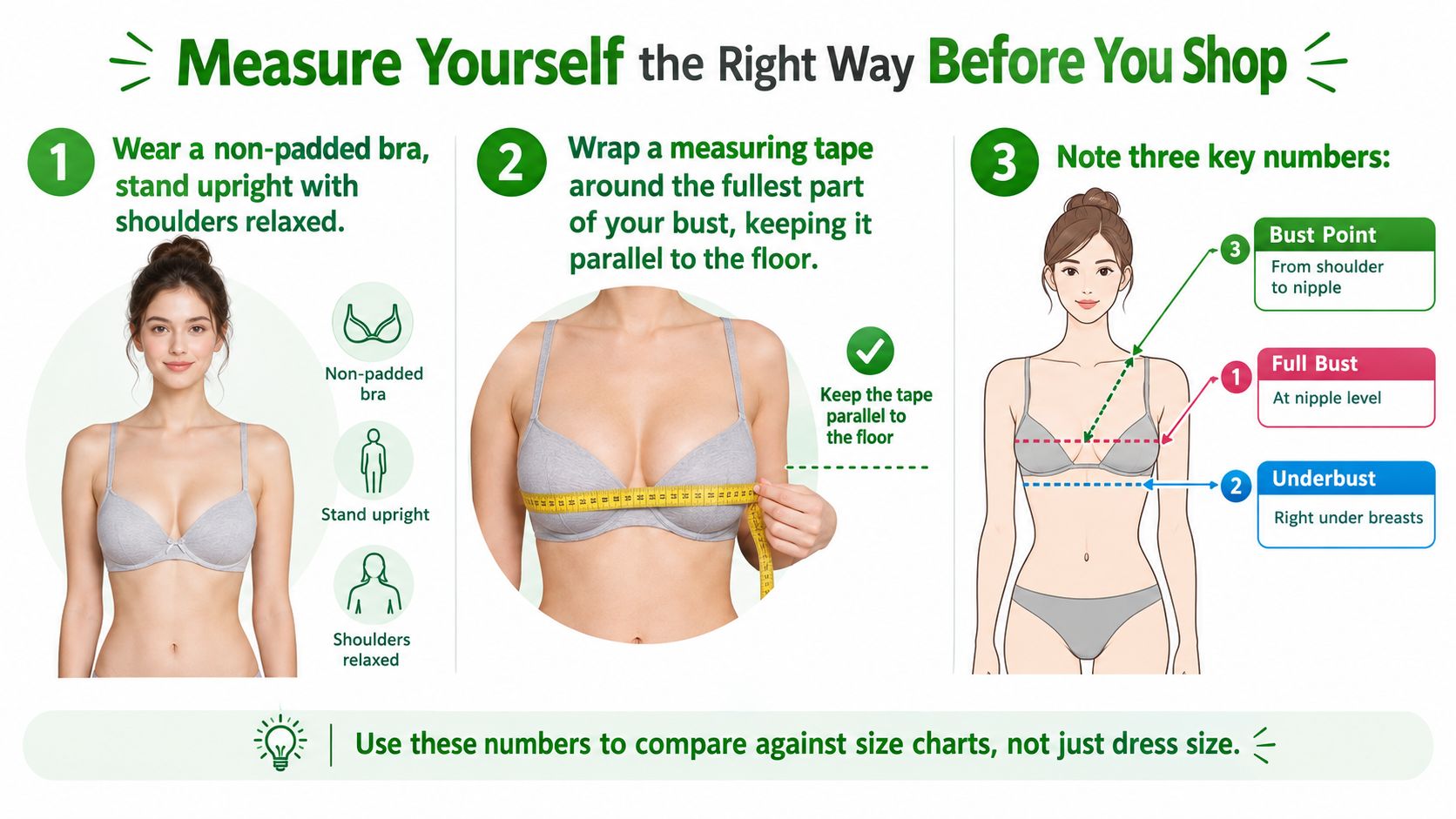 A visual guide showing how to correctly measure your bust for finding the right clothing size.