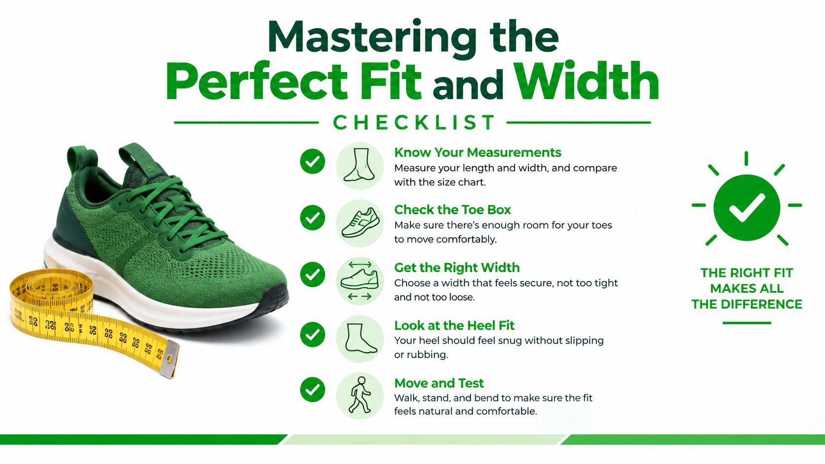 A checklist infographic titled Mastering the Perfect Fit and Width illustrating tips for choosing comfortable shoes.