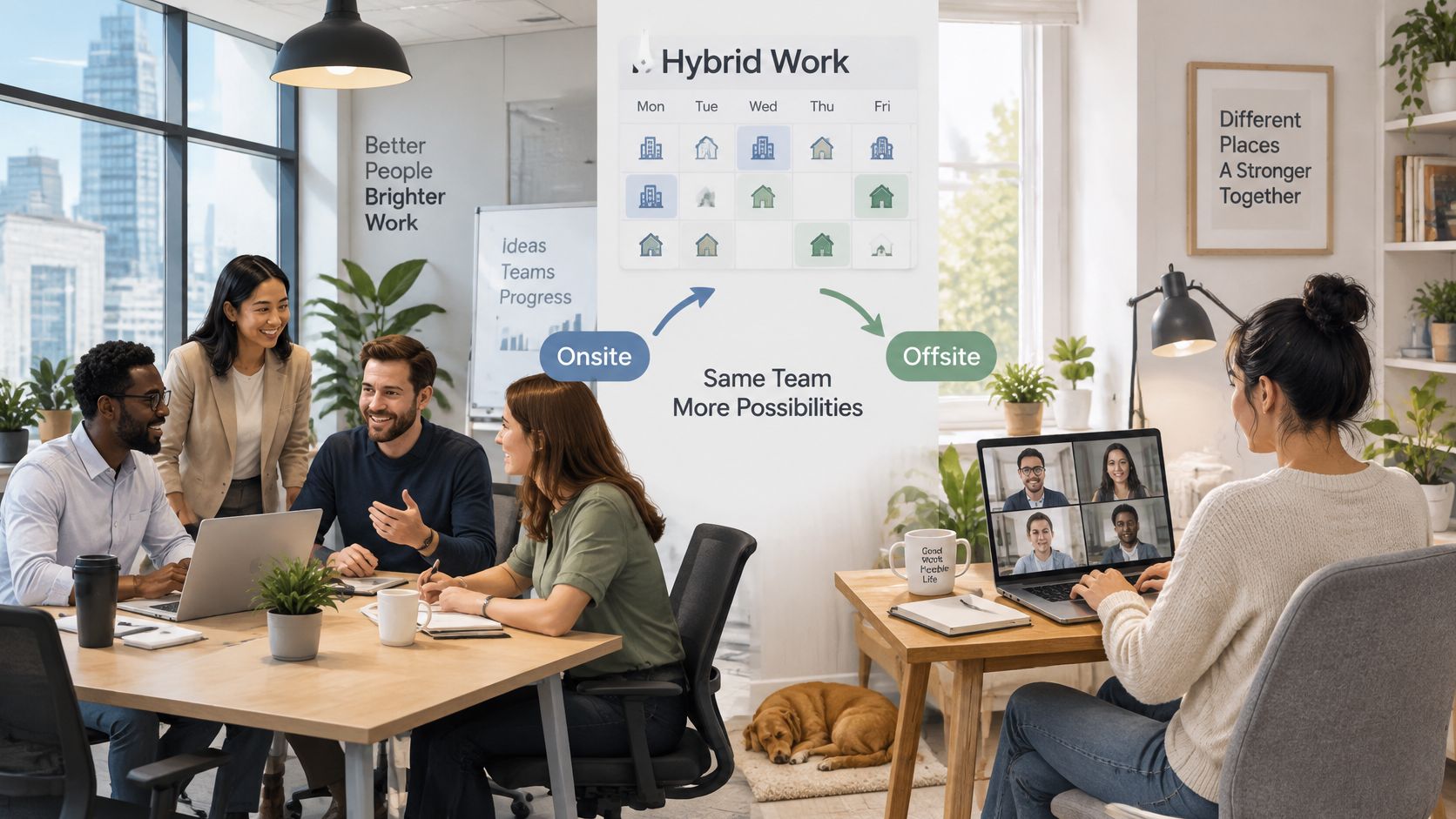 A diverse team working in a hybrid environment, combining office collaboration with remote video conferencing.