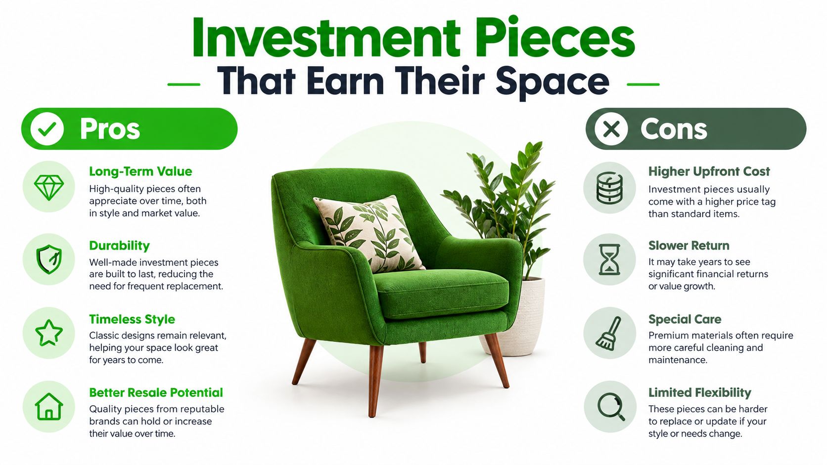 An infographic showing the pros and cons of purchasing high-quality investment furniture pieces for your home.