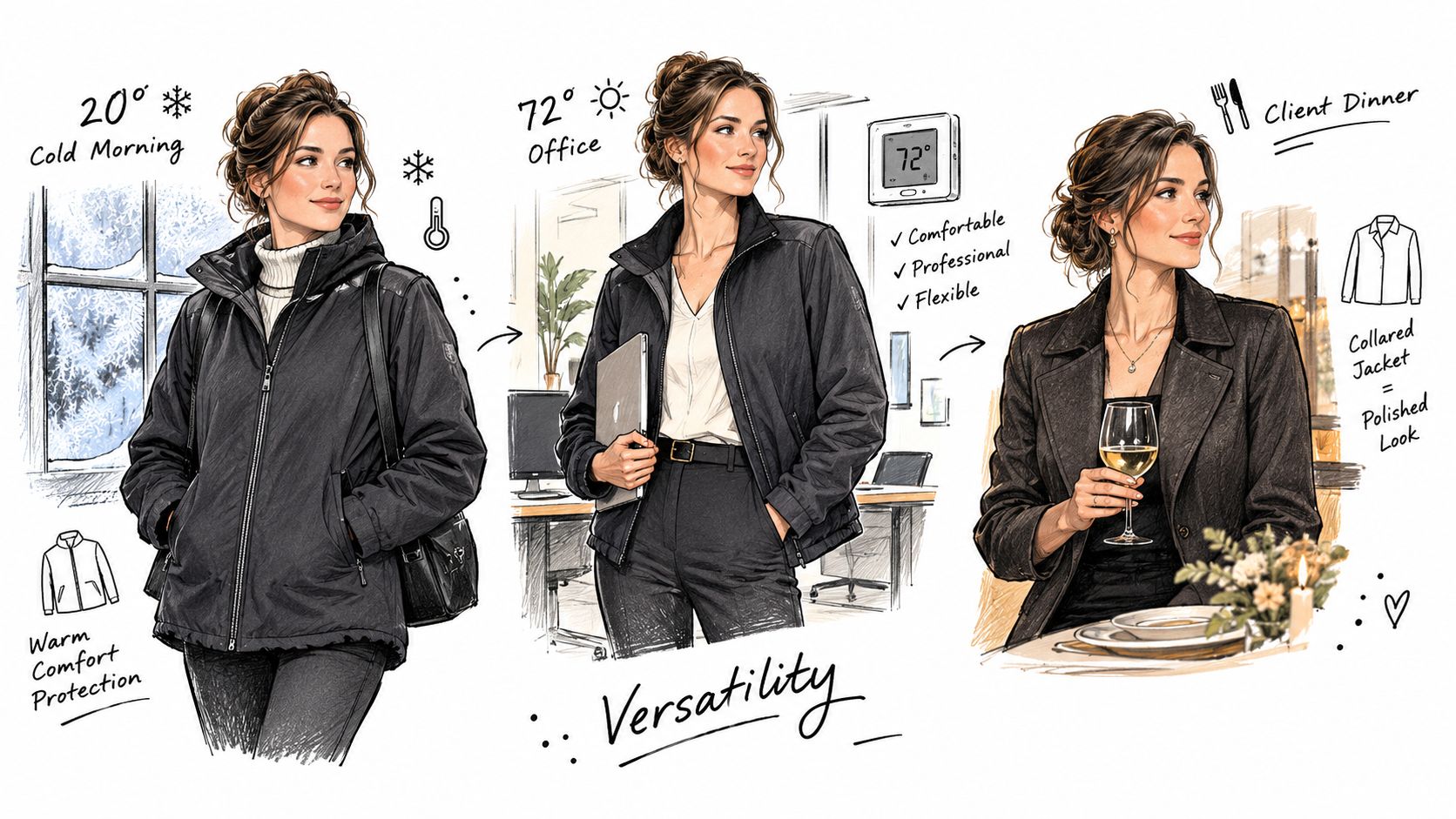 A woman wearing a versatile black jacket transitioning from a cold morning to an office and dinner.