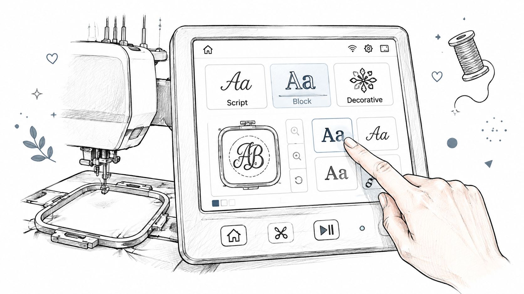 A hand selecting a font style on a digital touch screen of a computerized embroidery sewing machine.
