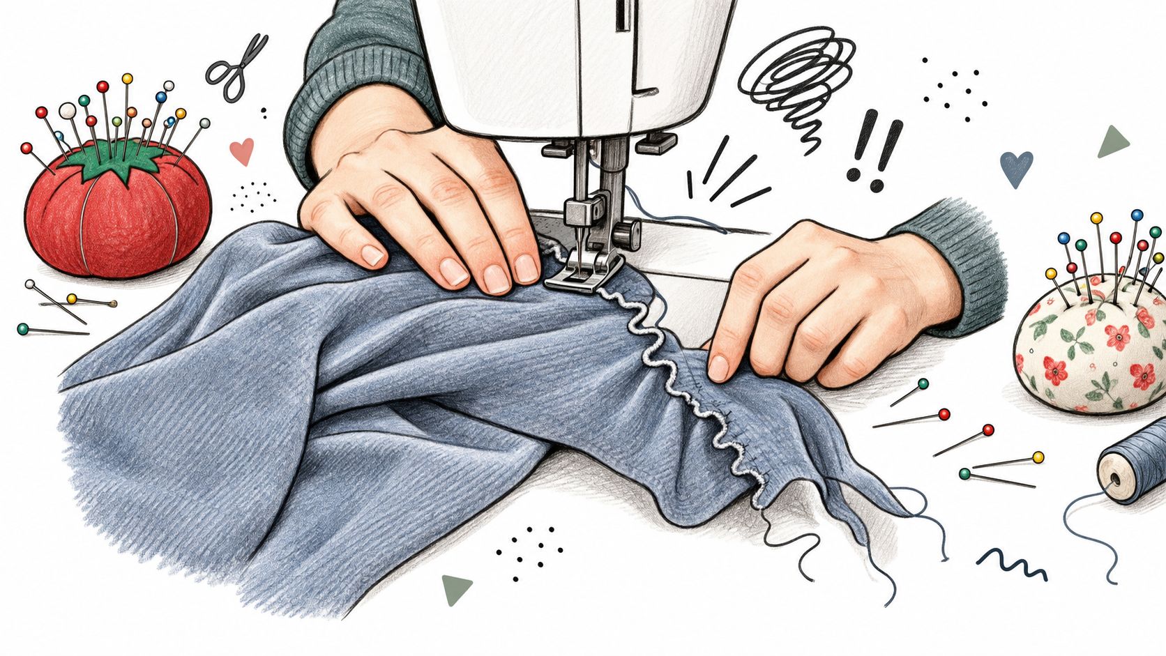 A close-up hand-drawn illustration showing hands using a sewing machine on soft blue knit fabric.